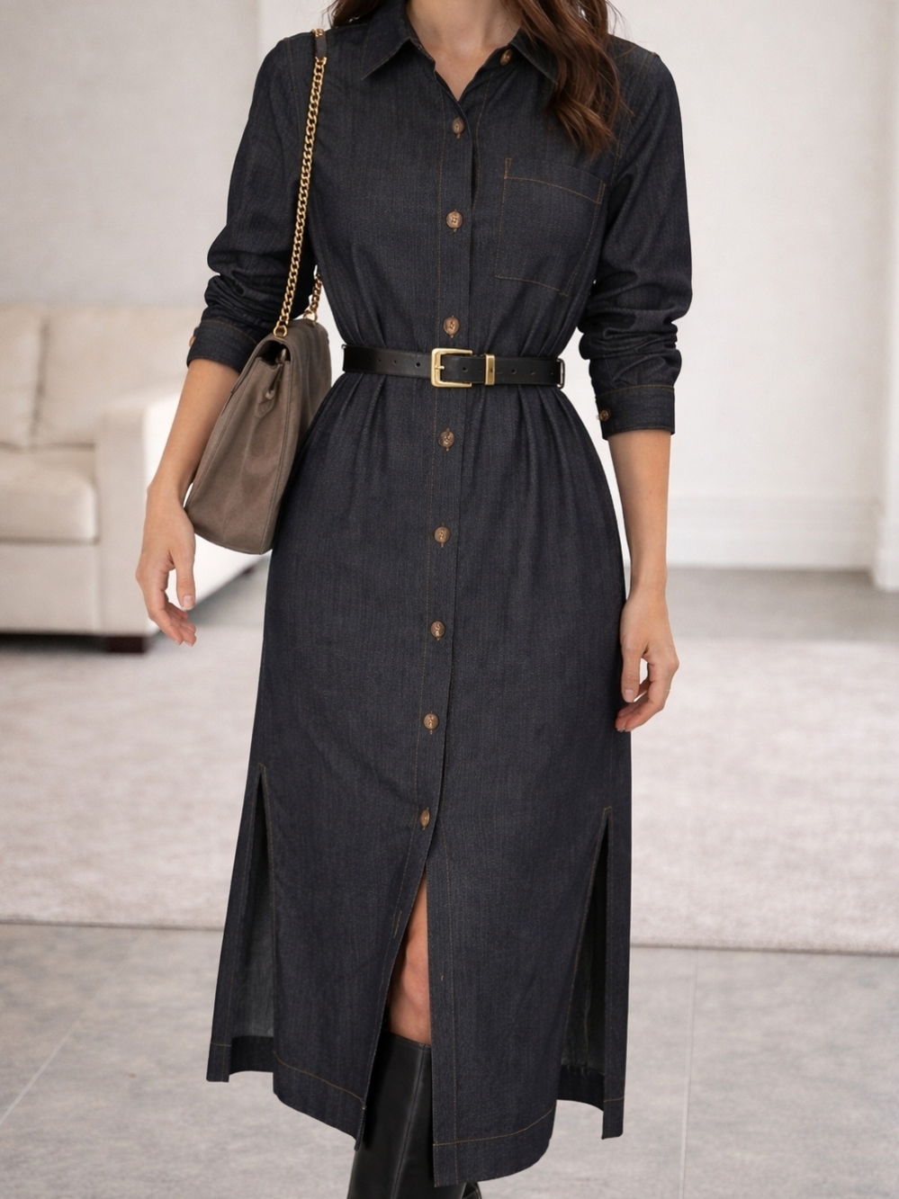 Lafayette 148 NY Wool Blend Shirt Dress M Dark Denim Button Front Midi Luxury